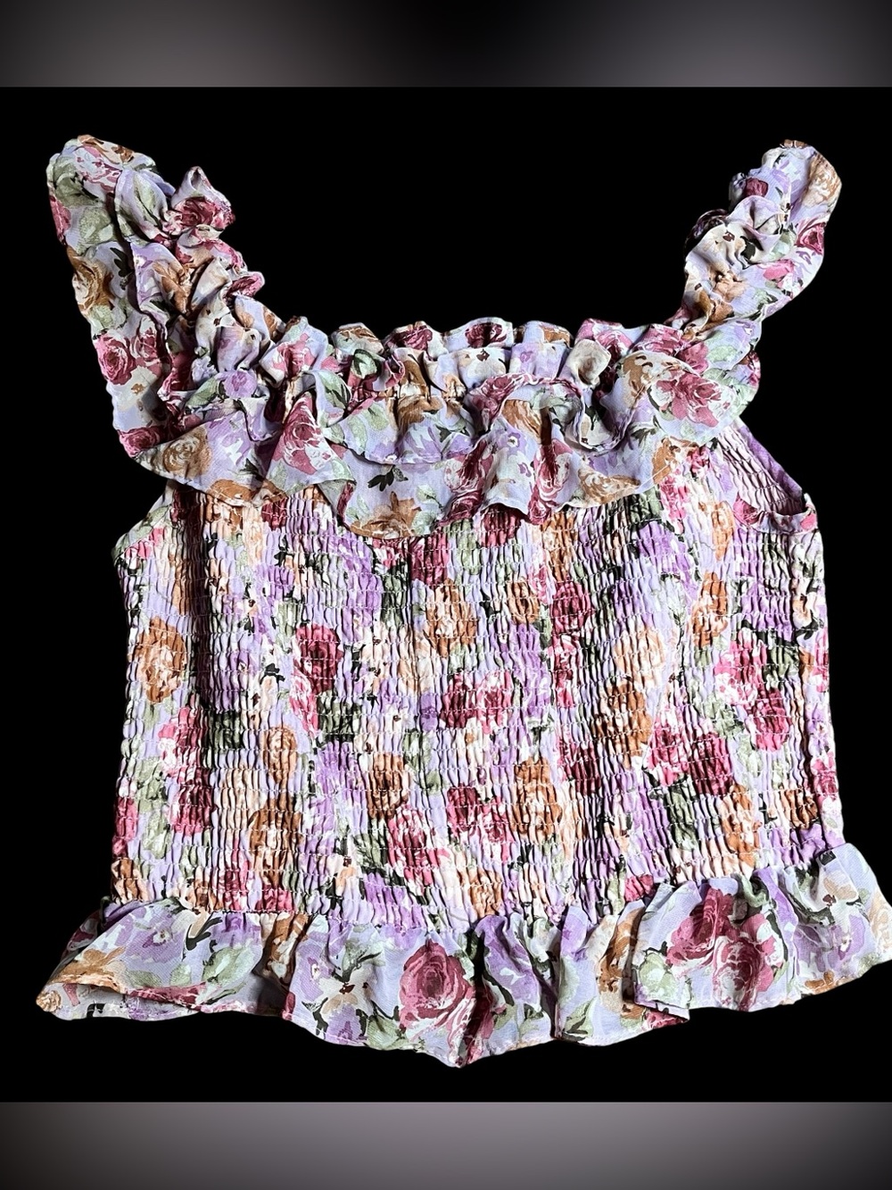 Story On Smocked Shirred Floral Ruffle Top Women’s Medium